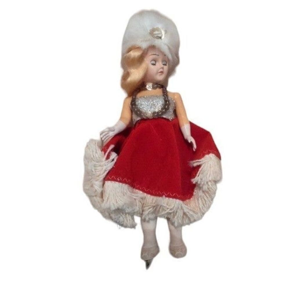 Vintage Ice Skater Christmas Ornament Doll Red Velvet Dres Silver Sequin Holiday